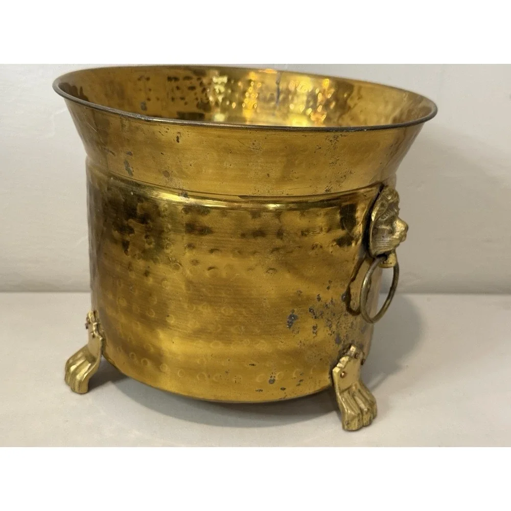 Vintage Brass Lion Head Planter Hollywood Regency Footed Cachepot Plant Pot 7